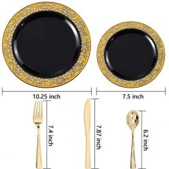 mainimage2125PCS-Black-Gilded-Edge-Disposable-Plastic-Black-With-Gold-Lace-Plate-Spoon-Fork-Tableware-Wedding-Banquet