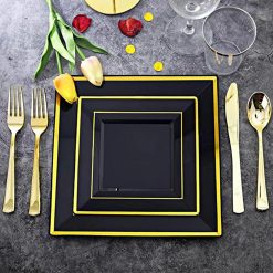 C6mb125PCS-Disposable-Tableware-Silver-Utensils-Set-Black-Gold-Rose-Gold-Square-Plastic-Tray-with-Gold-Edge