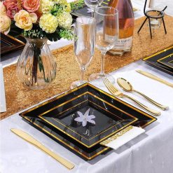aajP125PCS-Disposable-Tableware-Silver-Utensils-Set-Black-Gold-Rose-Gold-Square-Plastic-Tray-with-Gold-Edge