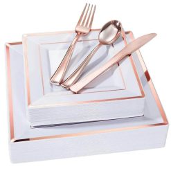 dsPY125PCS-Disposable-Tableware-Silver-Utensils-Set-Black-Gold-Rose-Gold-Square-Plastic-Tray-with-Gold-Edge