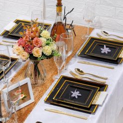 kXCs125PCS-Disposable-Tableware-Silver-Utensils-Set-Black-Gold-Rose-Gold-Square-Plastic-Tray-with-Gold-Edge