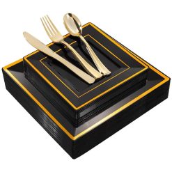 onSn125PCS-Disposable-Tableware-Silver-Utensils-Set-Black-Gold-Rose-Gold-Square-Plastic-Tray-with-Gold-Edge